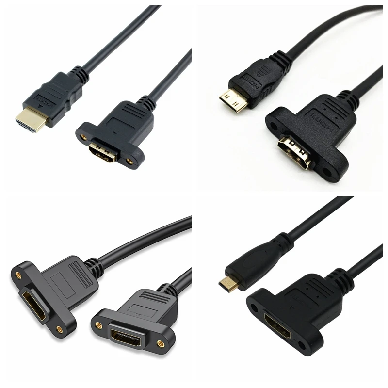 30cm Mini HDMI kompatybilny męski na HDMI Micro HDMI żeński przedłużacz złącze śrubowe blokada do montażu panelowego kabel kamery HD AV