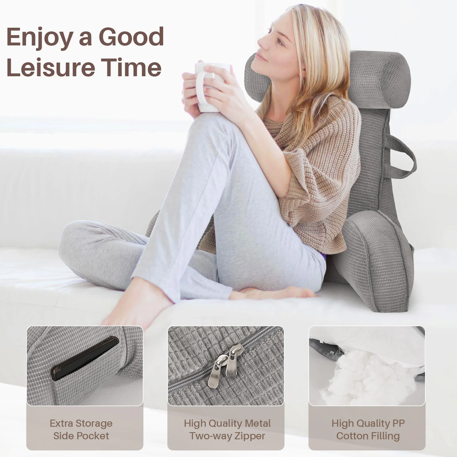 Lesekissen für Bett und Sofa mit abnehmbarem Bezug - Rückenkissen fürs Bett - Memory-Schaum-Lesekissen mit Armlehne, ideal zum Lesen, Fernsehen, Entspannen oder als Rückenstütze – Detail 6
