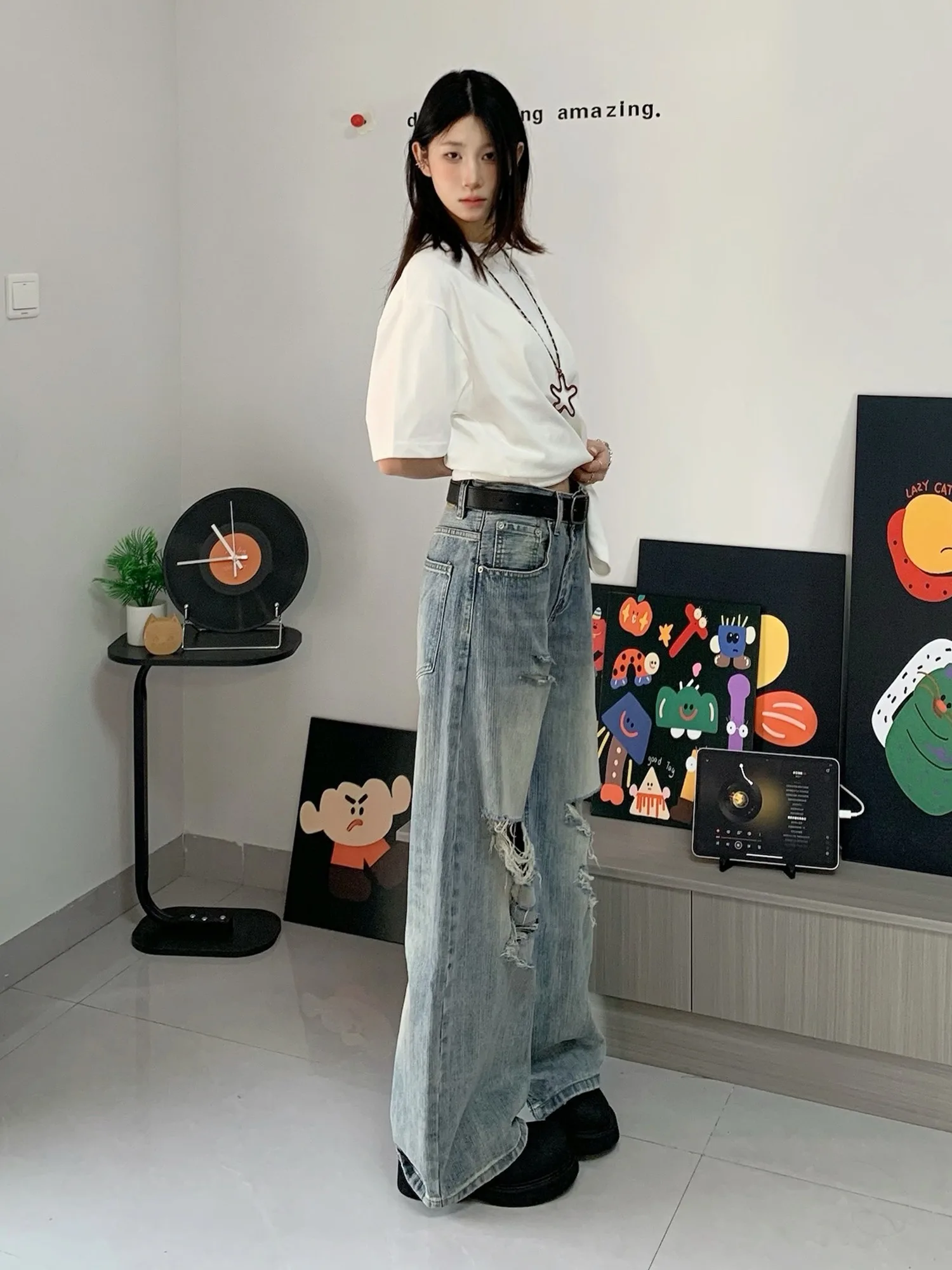 بنطال جينز ممزق قديم من الخيزران بنمط أمريكي عتيق للرجال والنساء بنطال مستقيم فضفاض غير رسمي ومتعدد الاستخدامات