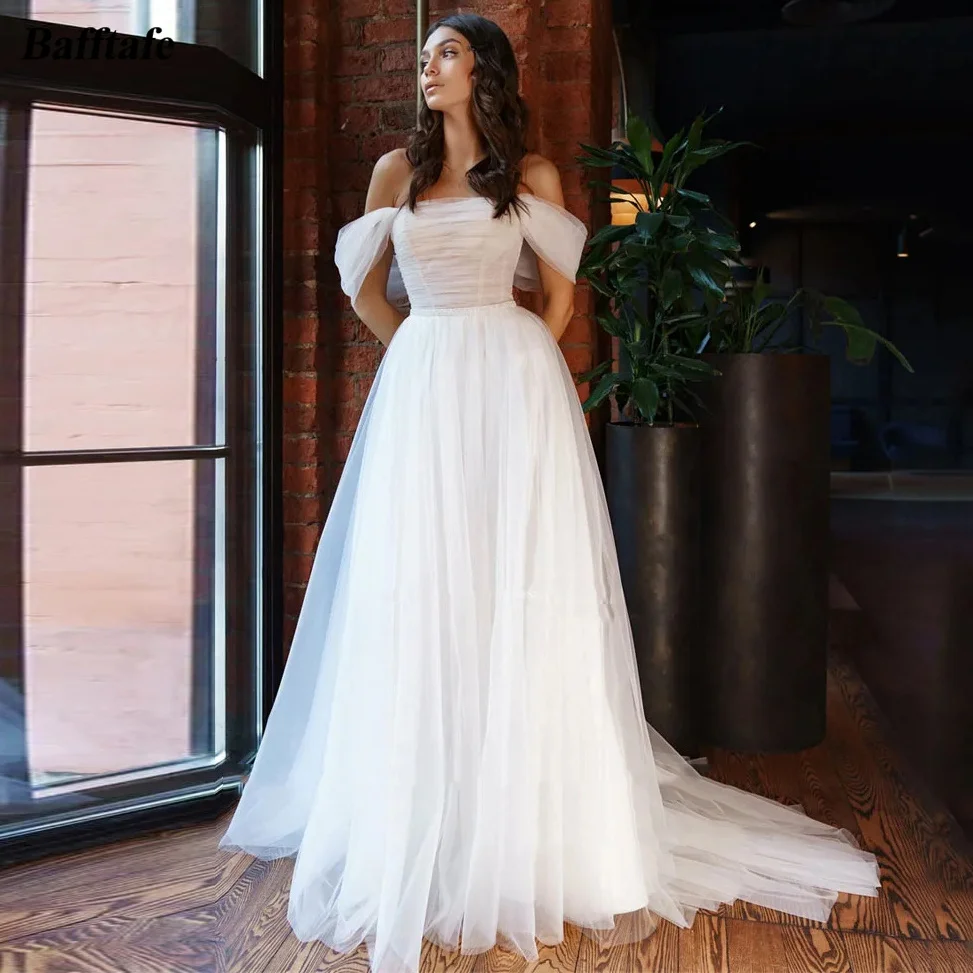 

Bafftafe Simple Tulle Beach Bride Dresses Customized Off The Shoulder Pleated Long Bridal Gowns Button Wedding Photography Dress