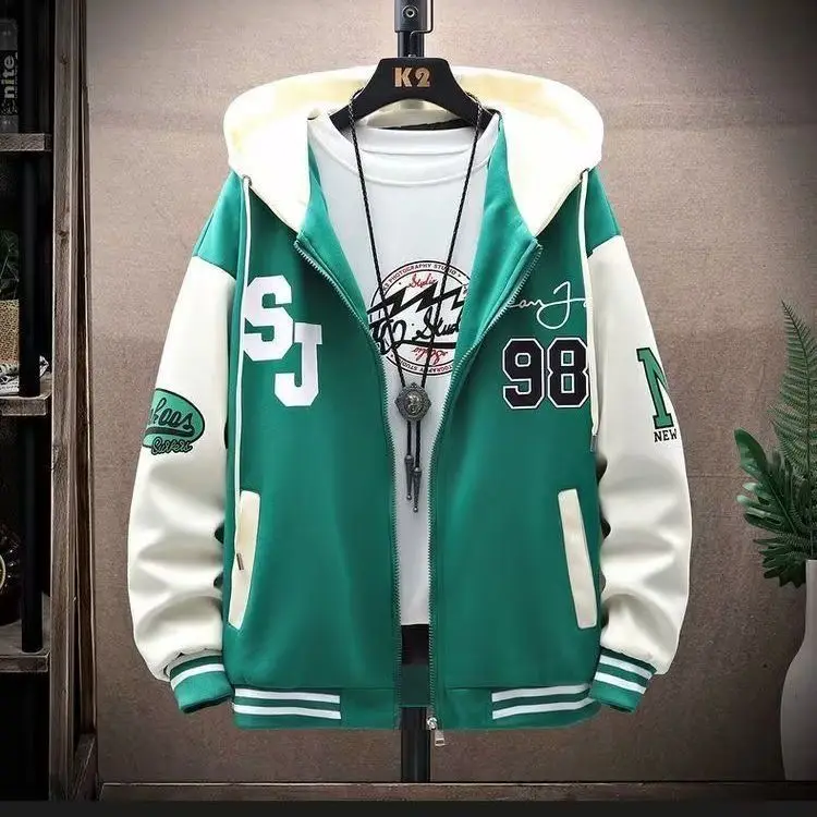 Autumn Winter Youth Coffee Color Gray Baseball Jacket Korean Style Trendy Men's Stylish Casual Patchwork Black Velvet Jacket