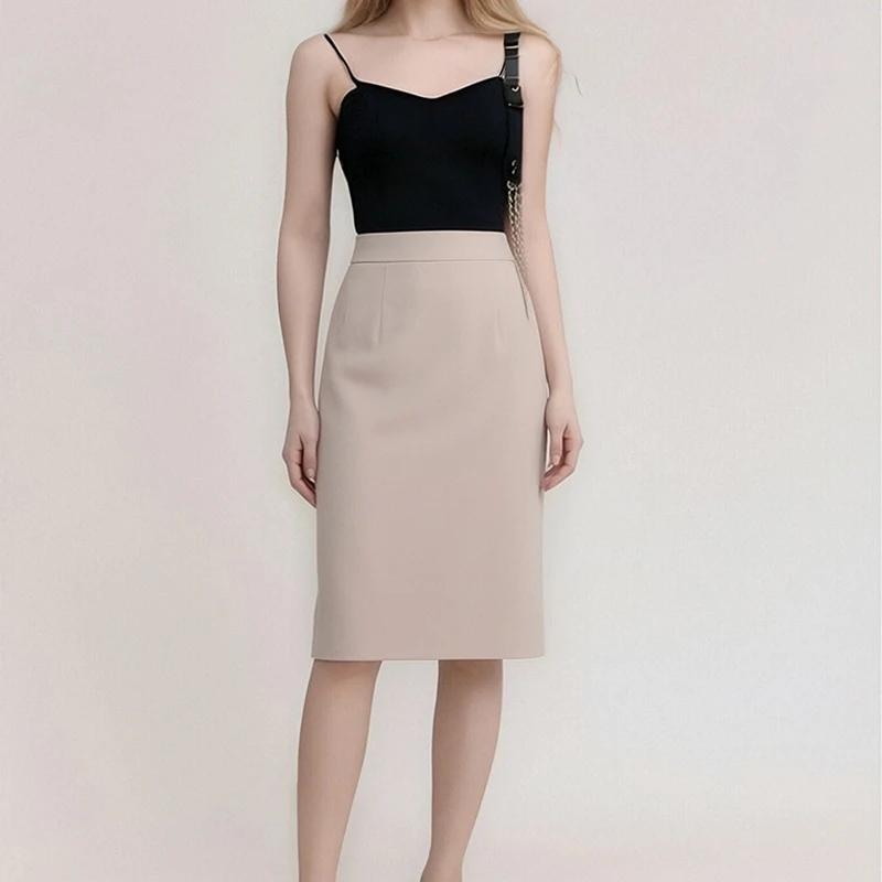Khaki Midi Skirts for Women Casual Summer Skirts Office Work Pencil Skirt Slim Fit Solid Color Basic Stretchy Bottom Workwear