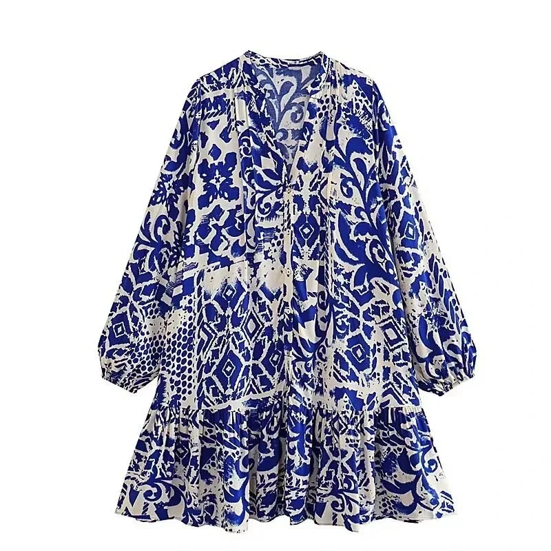 2025 New Blue White Geometric Print V Neck Long Sleeve Ruffle Hem Slimming Elegant Dress Women Outfit