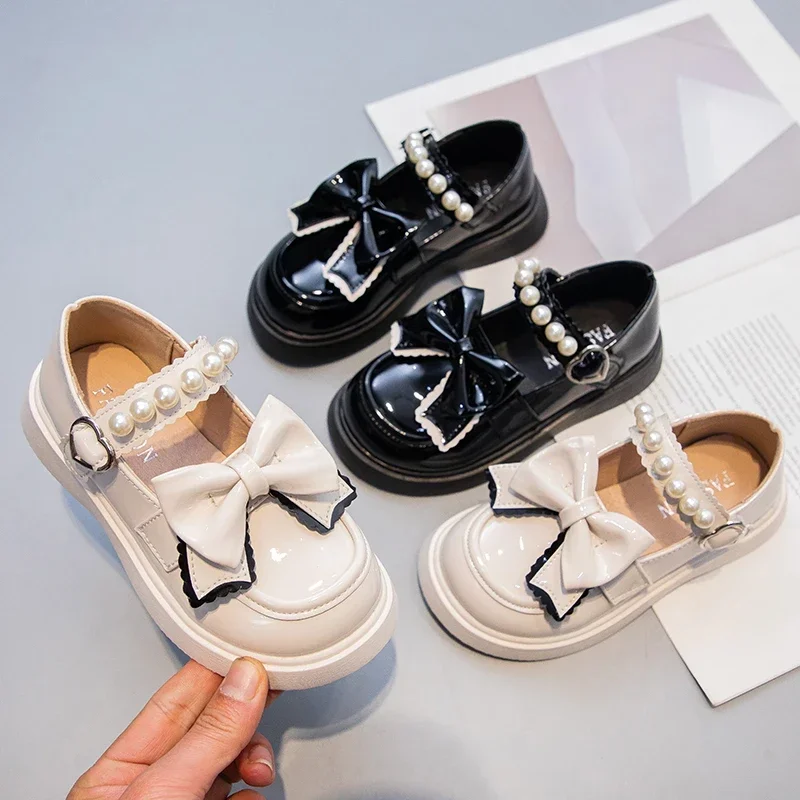 

2025 New Girl Leather Shoes Spring Fashion Bow Tie Kids Princess School Shoe Flat Heels Children's Dresses Shoe Black Size 27-37