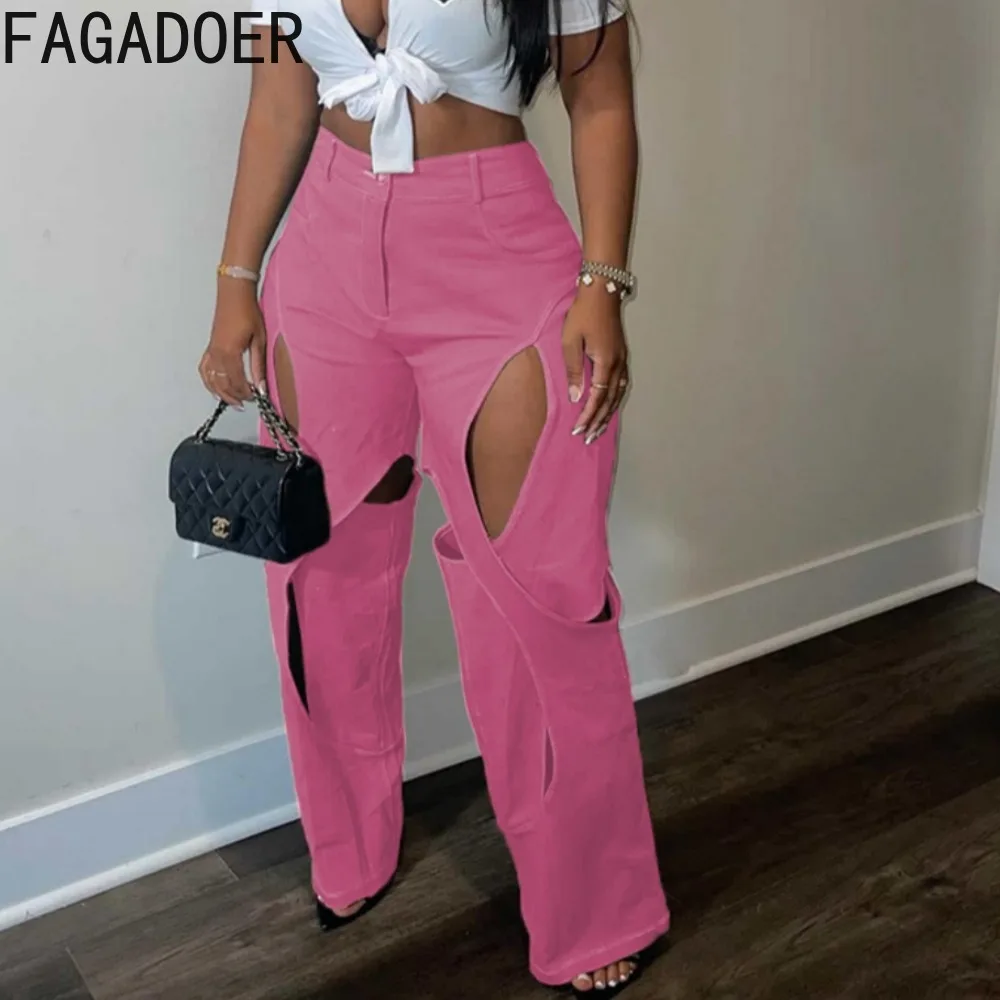 

FAGADOER Fashion Hollow Out Hole Pants Women High Waist Button Straight Trousers Casual Female Solid Matching Bottoms Clothing