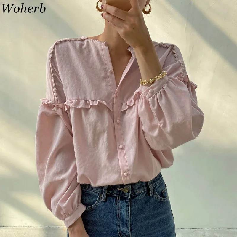 Woherb O-neck Shirt Summer Casual All Match Tops Eleegant Ruffle Long Sleeve Blouse Top Korean Chic Fashion Blusas 2024