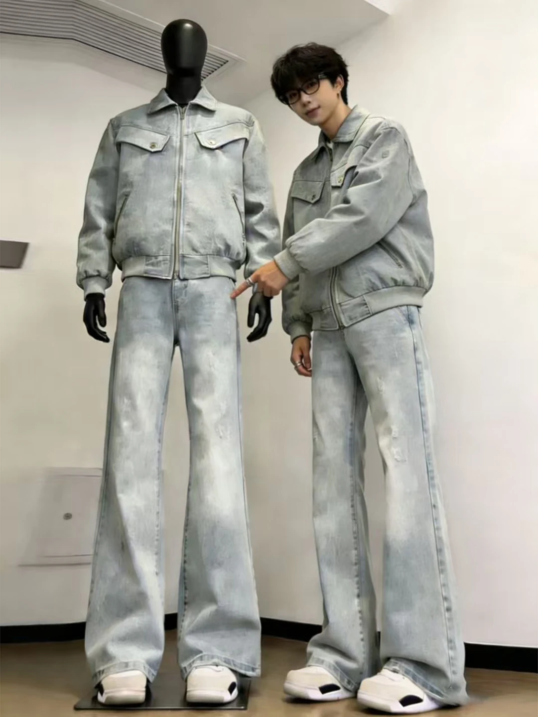 

Light Blue Micro Flared Straight Leg Jeans Men's Haome Lazy Sle Vibe High Waist Lift Leg Slimming Knife Straight Pants