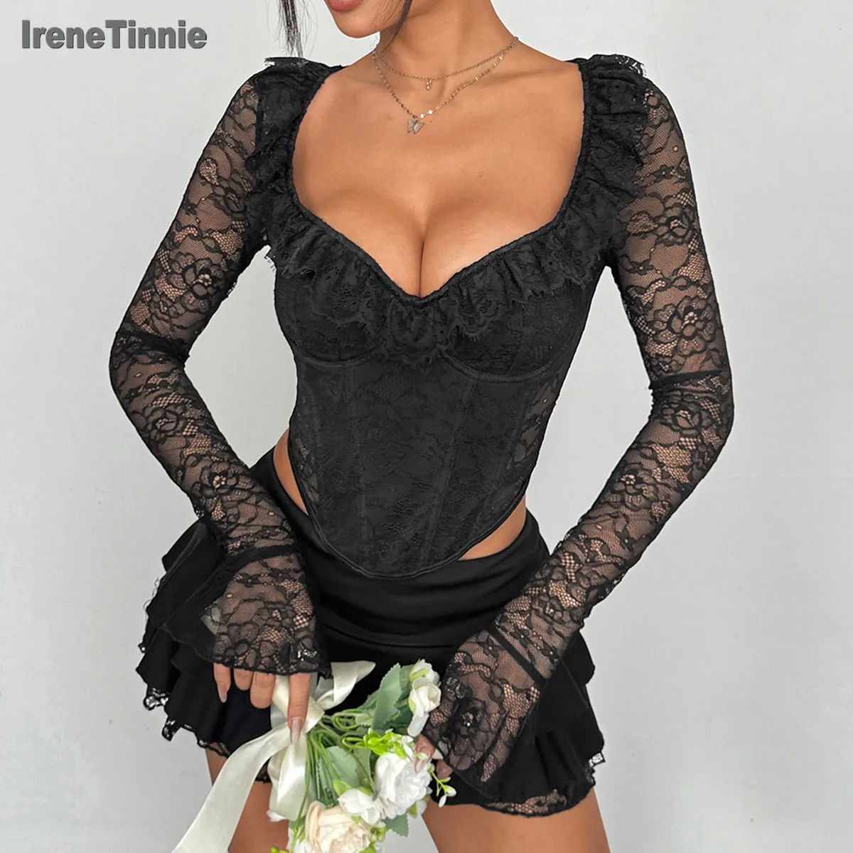 

IRENE TINNIE Ruffled Lace Corset T Shirts Transparent Slim Long Sleeve Mesh Shirts Streetwear Sweet Lace Crop Tops Women Summer