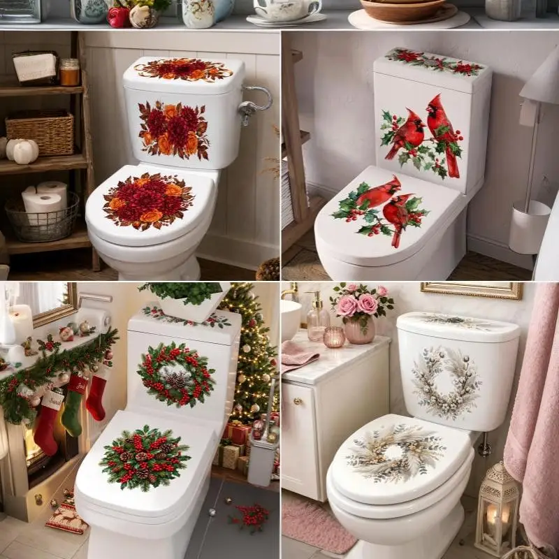 Floral Toilet Lid Sticker Waterproof Easy to Clean Bathroom Wall Decal Self-Adhesive Removable Decor for Home Restroom