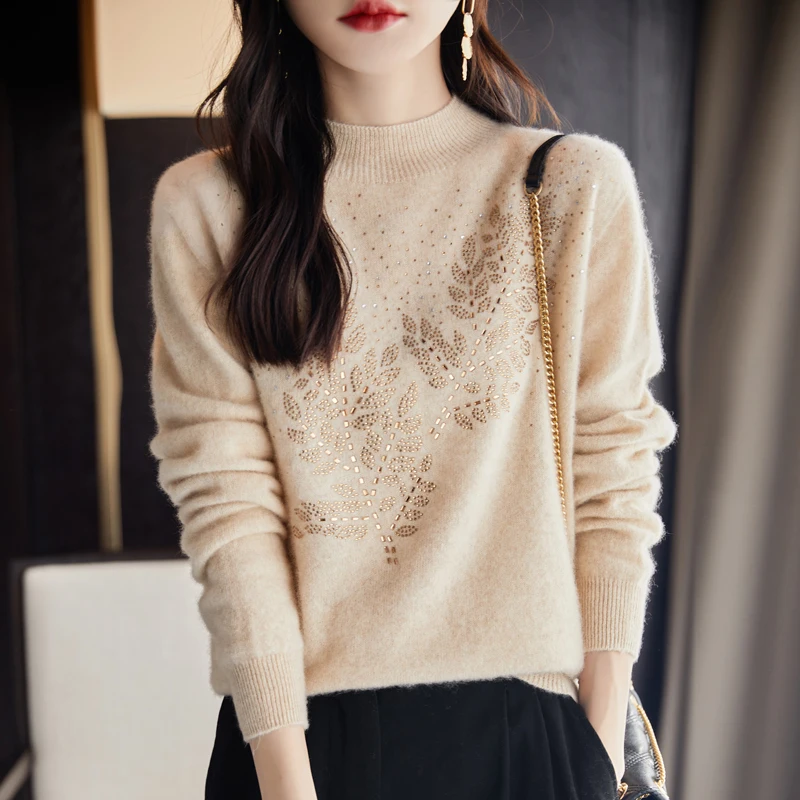 Twig Hot Drilling Wool Sweater Women\'s Loose Half Turtleneck Pullover Spring and Autumn Basic Style Simple Bottoming Knit Top