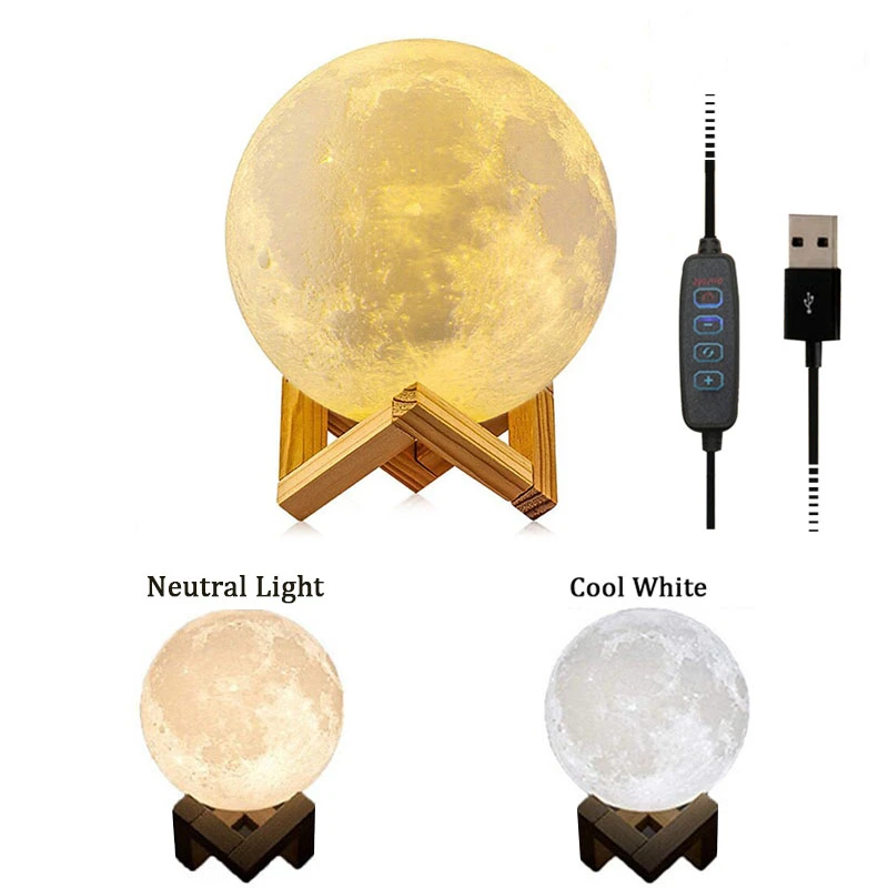 Lámpara LED de luna con enchufe USB, luz nocturna de mesita de noche, 3 colores, regulable, adorno para el hogar, decoración de habitación, luz