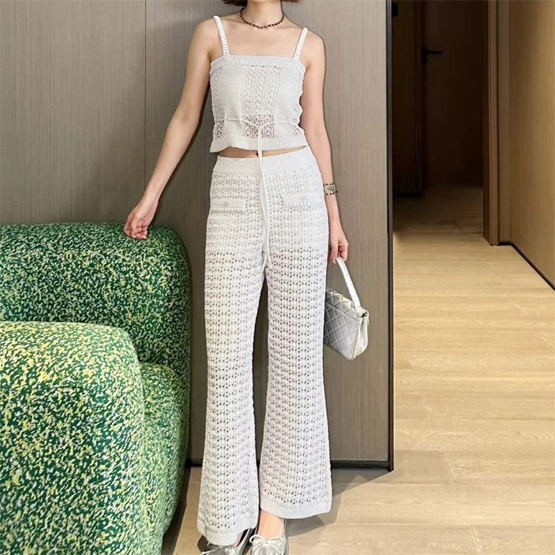 Women's White Hollow-Out Suspender Wide-Leg Pants Set, Summer High-End Elegant Slim-Fit Wide-Leg Casual Pants Suspender Set
