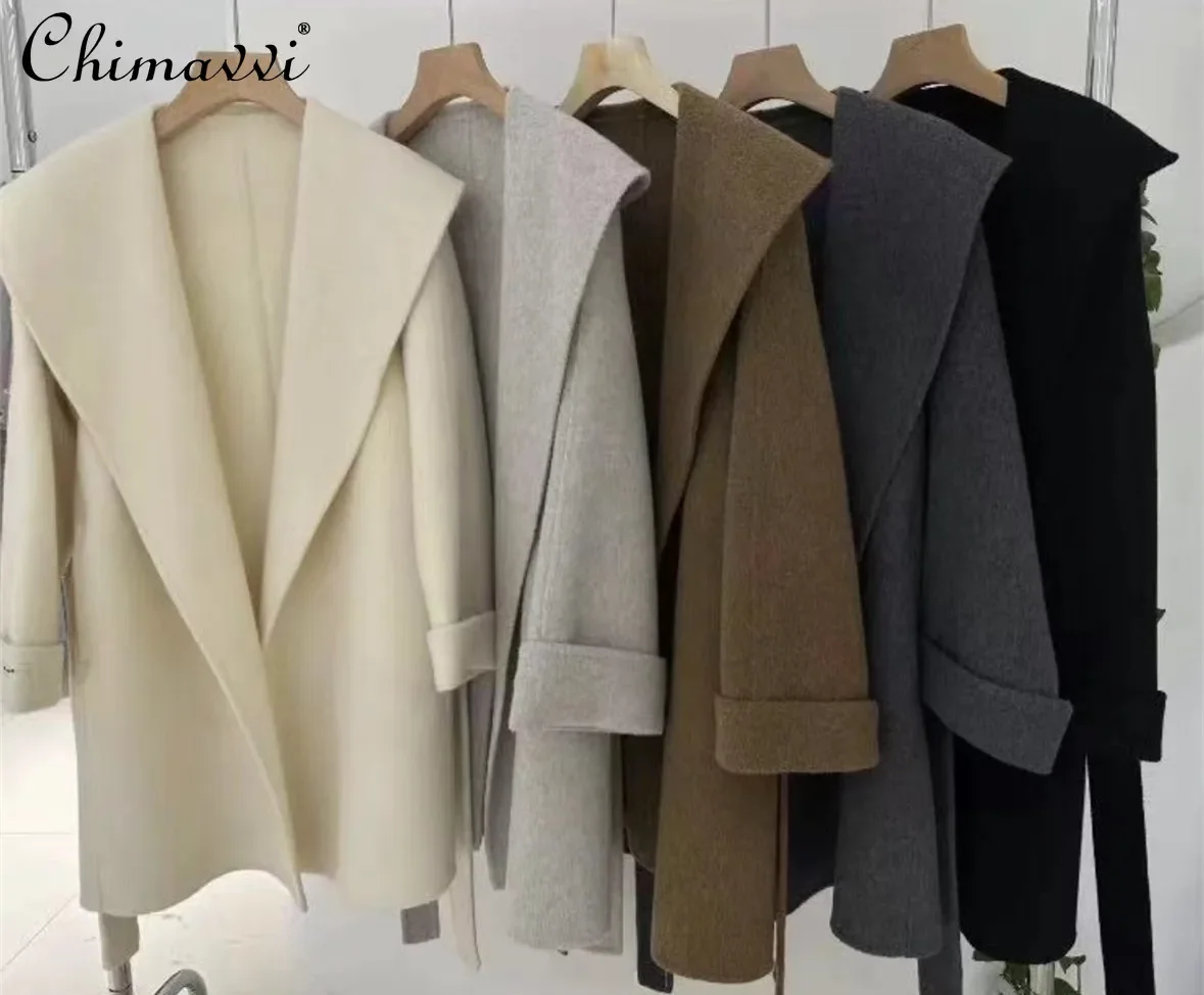 Autumn and Winter New Korean Fashion Belt High-end Coat Mid-length Wool Woolen Loose Elegant Women's Double-sided Woolen Coat