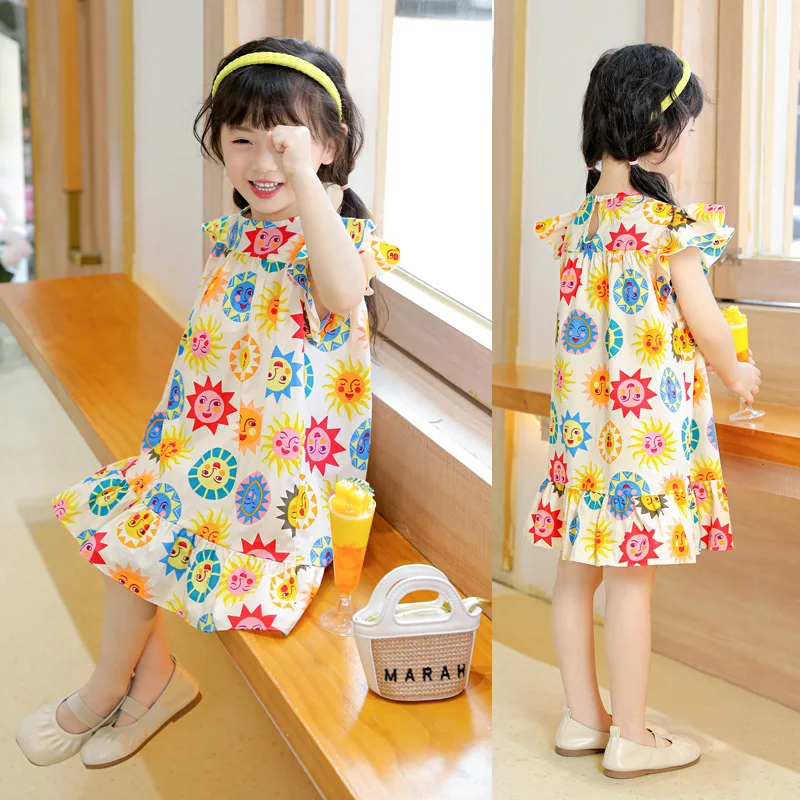 

Girl Dresses Cotton Children's Clothing Summer Kids Clothes Girls Party Princess Fashion Outfit Flower Pattern Beach Dresses
