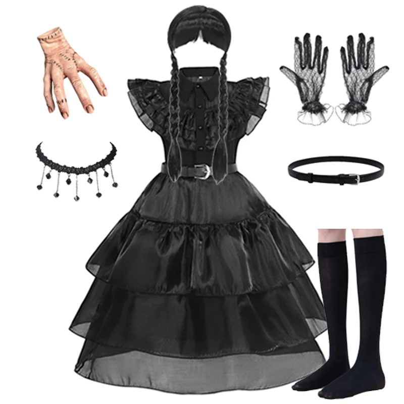 Black Friday addams Movie Cosplay Dress for Kids, Halloween Costumes, Roupas de Festa de Carnaval, Vestidos Góticos para Meninas