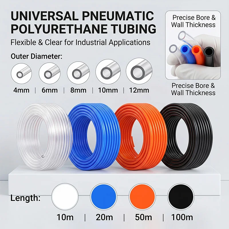 Pneumatic PU Hose 4 6 8 10 12mm OD | 10 20 50 100m Length | Blue Clear Orange Black Flexible Air Tubing Pipe for Air Compressor