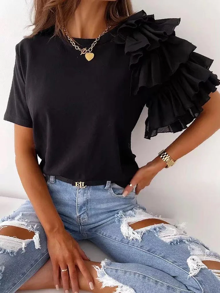 Women Summer Ruffles Short Sleeve Loose T Shirt Chic Elegant Solid O Neck Tops Casual Simple All Match Tee Streetwear Blouse