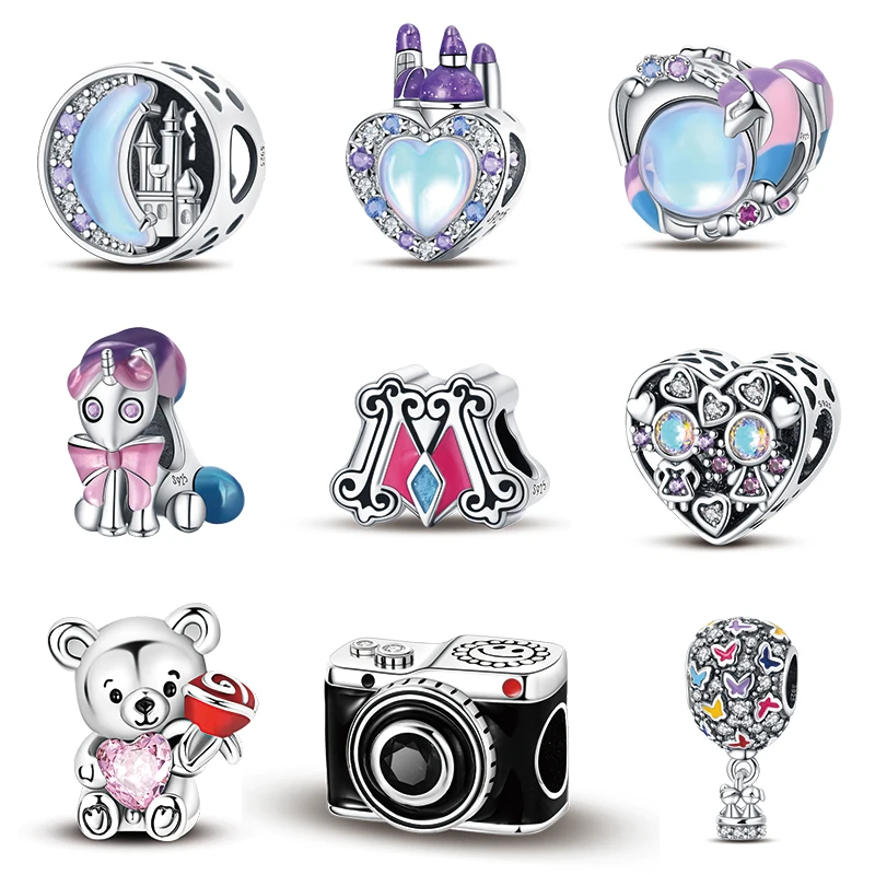 925 Sterling Silver Fairy Tale Town Series Dream Moon Castle Swan Mirror Charms Beads Fit Pandora Original Bracelets DIY Jewelry