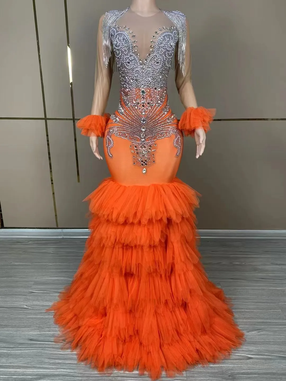 

Sparkly Diamonds Mermaid Prom Dress 2024 Glitter Bead Crystal Rhinestones Ruffle Wedding Birthday Party Gown Long Sleeves
