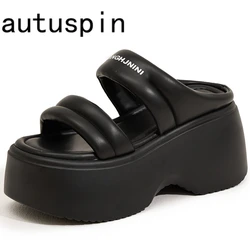 AUTUSPIN 8.5cm bardzo wysokie obcasy damskie kapcie letnie nowe modne buty na koturnie na platformie damskie wypoczynek na świeżym powietrzu Chunky slajdy