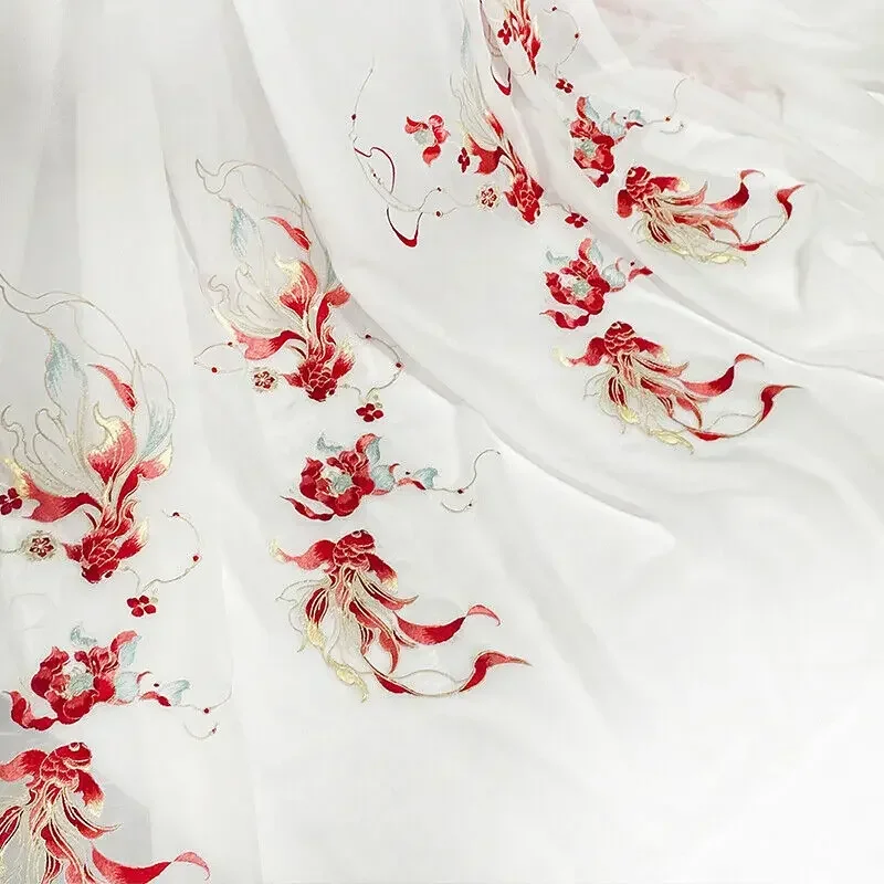 150X100Cm Gradient Color Carp Lotus Embroidery Chiffon Fabric Chinese Hanfu Sewing Costume Shirts Doll Clothing Supplies New