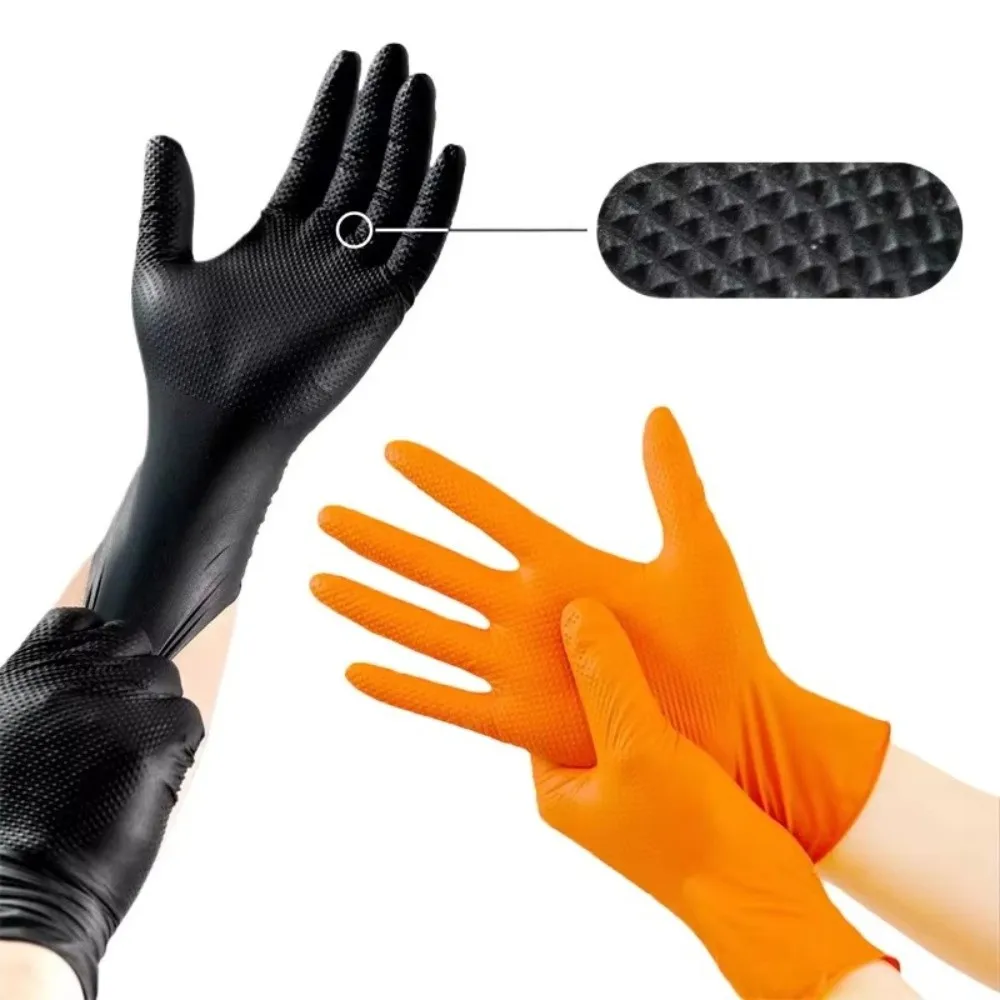 10pcs Heavy Duty Nitrile Gloves with Diamond Textured Orange Black Safety Gloves Waterproof Wear-Resistant Disposable Gloves