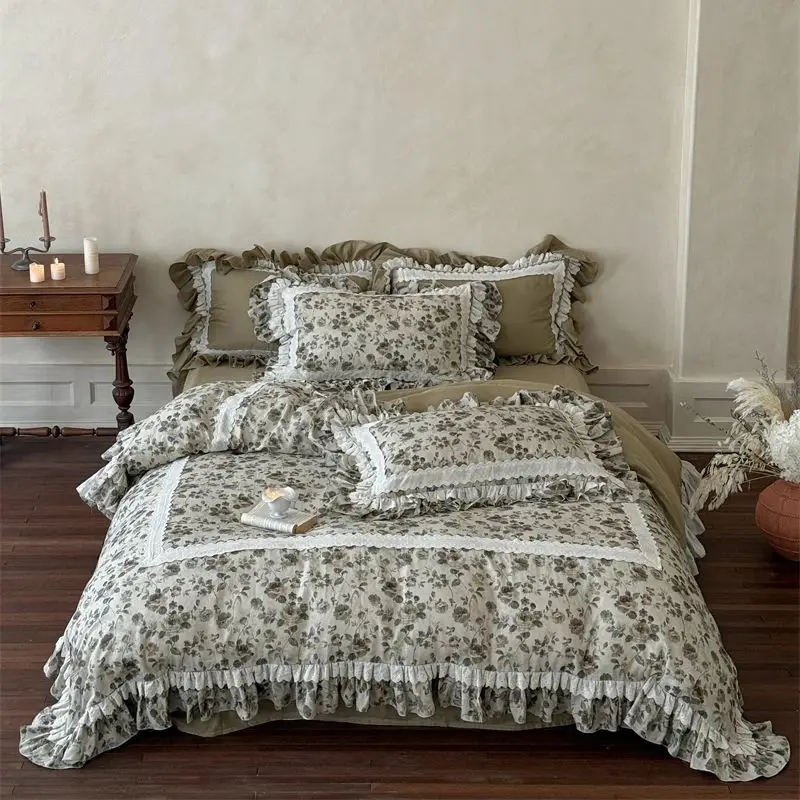 

Vintage French Rose Flowers Lace Ruffles Bedding Set Double Layer Yarn 100% Cotton Duvet Cover Flat/Fitted Bed Sheet Pillowcases