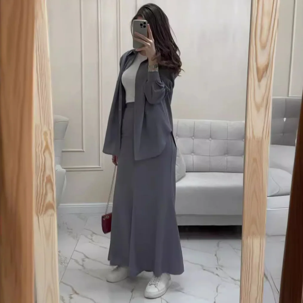 Abayas à boutonnage simple pour femmes, chemise et jupe mouillées, Ramadan, Maroc, Dubaï, Eid, Ensemble musulman, Islam, Arabe Jalabiya Outfits