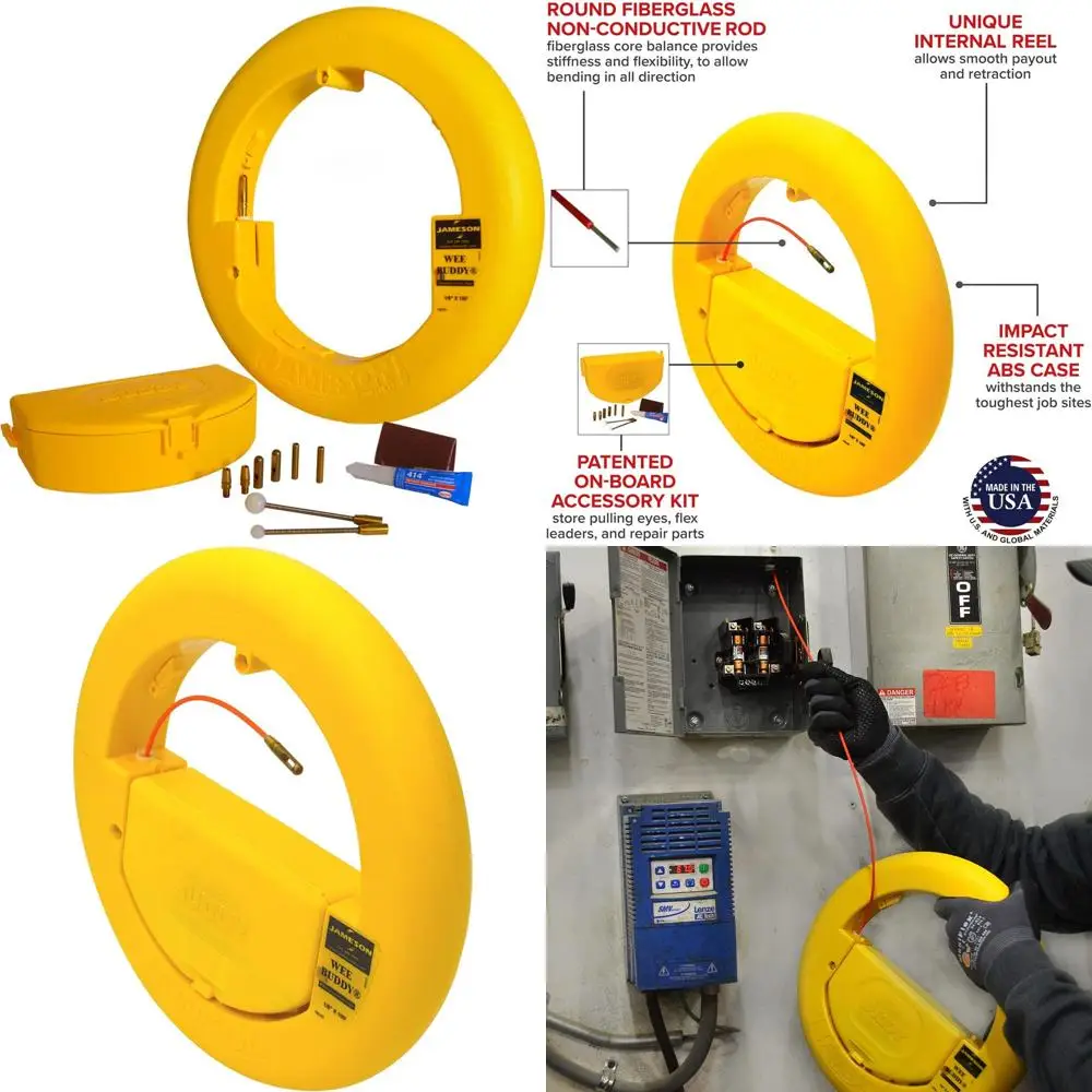 

Non-Conductive Fiberglass Wire Puller with Accessory Kit - 200 lb Strength, 1.5 Bend Radius