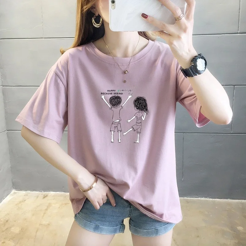 

Summer ort Sve T-irt Women's 95 Cotton Printed Casual Loose Fit plus Size Faionable Top Korean Sle plus Size Women...