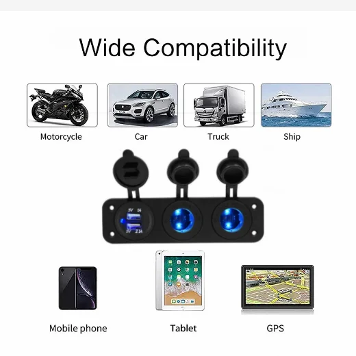 3 IN 1 Panel Dual Cigarette Lighter Socket 3.1A USB Car Charger Power Outlet Adapter Waterproof for Boat Camper Caravans