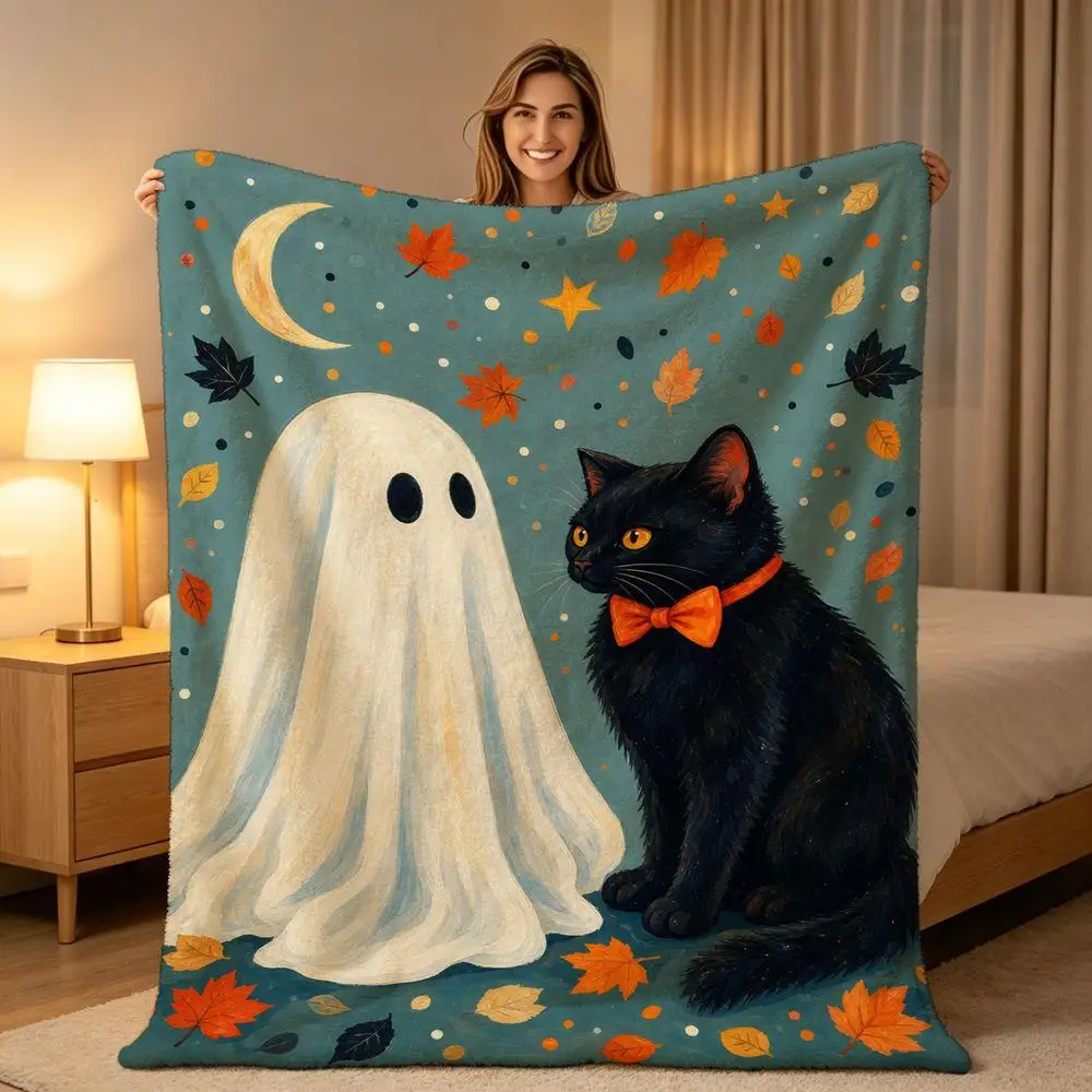 Spooky Halloween Cat Ghost Throw Blanket Autumn Fall Decorative Cozy Fleece Wrap for Sofa Bed Gift Ideas