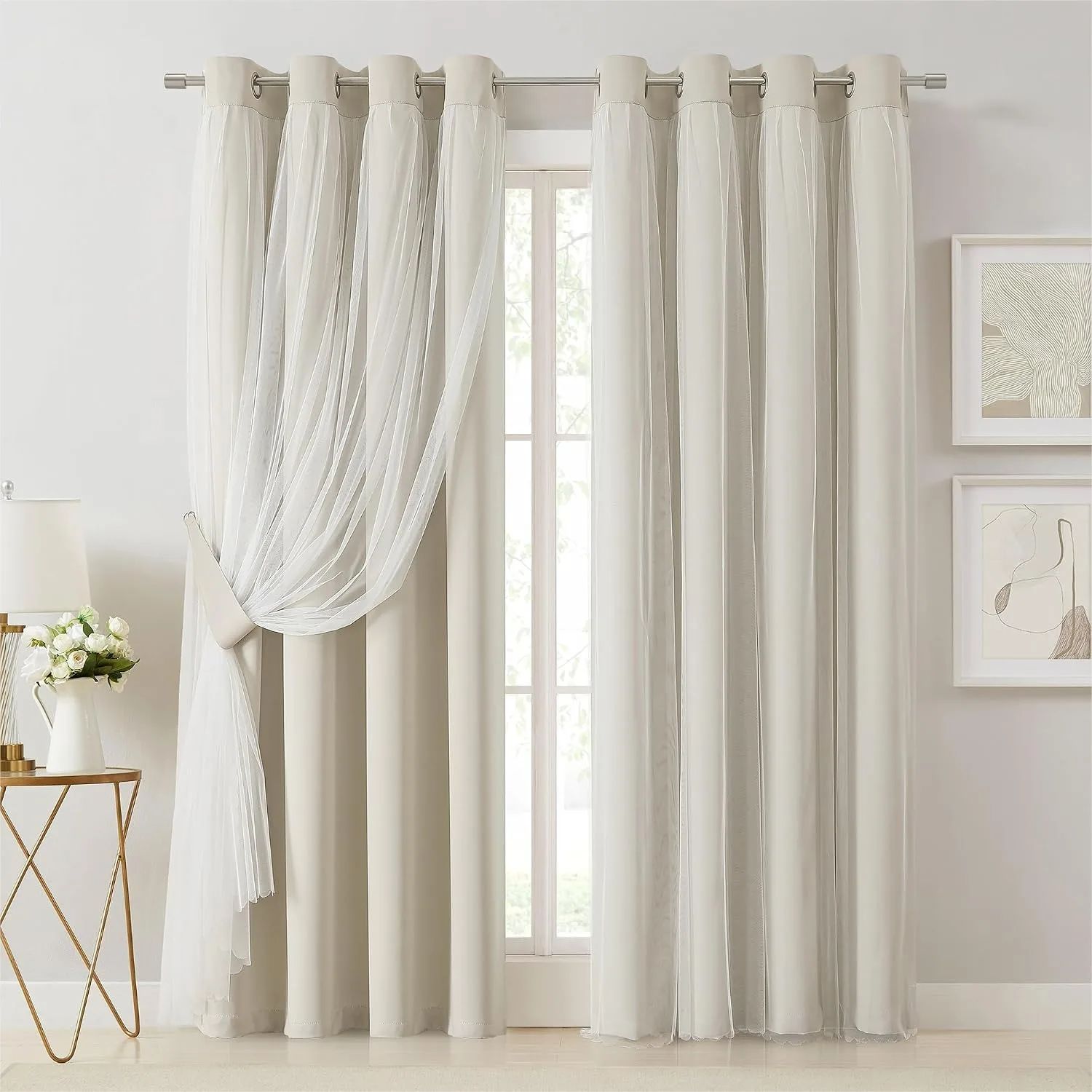 

Beige Blackout Curtains with Sheer Overlay 84 inch Double Layer Thermal Panels for Living Room Bedroom Grommet Top 54x84