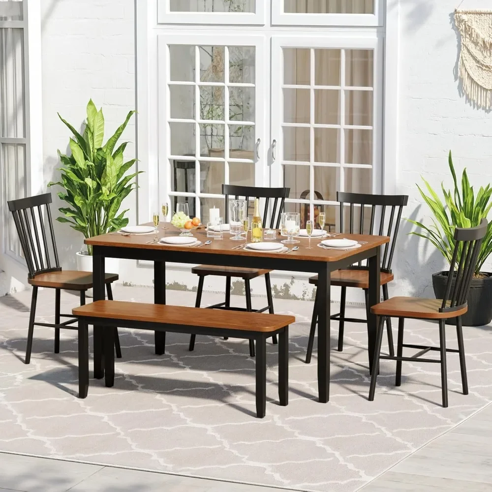 modern 6-seater solid wood dining set with 4 windsor chairs and bench