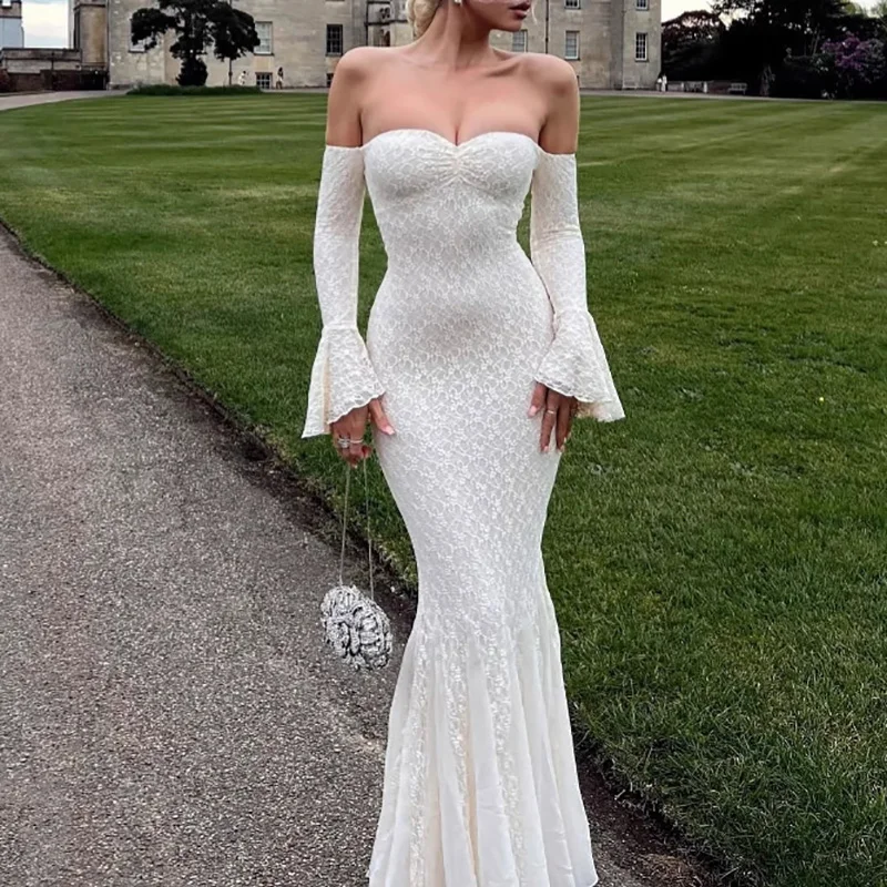 

Lady Elegant Jacquard Mesh Lace Solid Party Dress Fashion Hight Waist Slim Long Dress Sexy One Shoulder Flared Sleeve Gown Dress