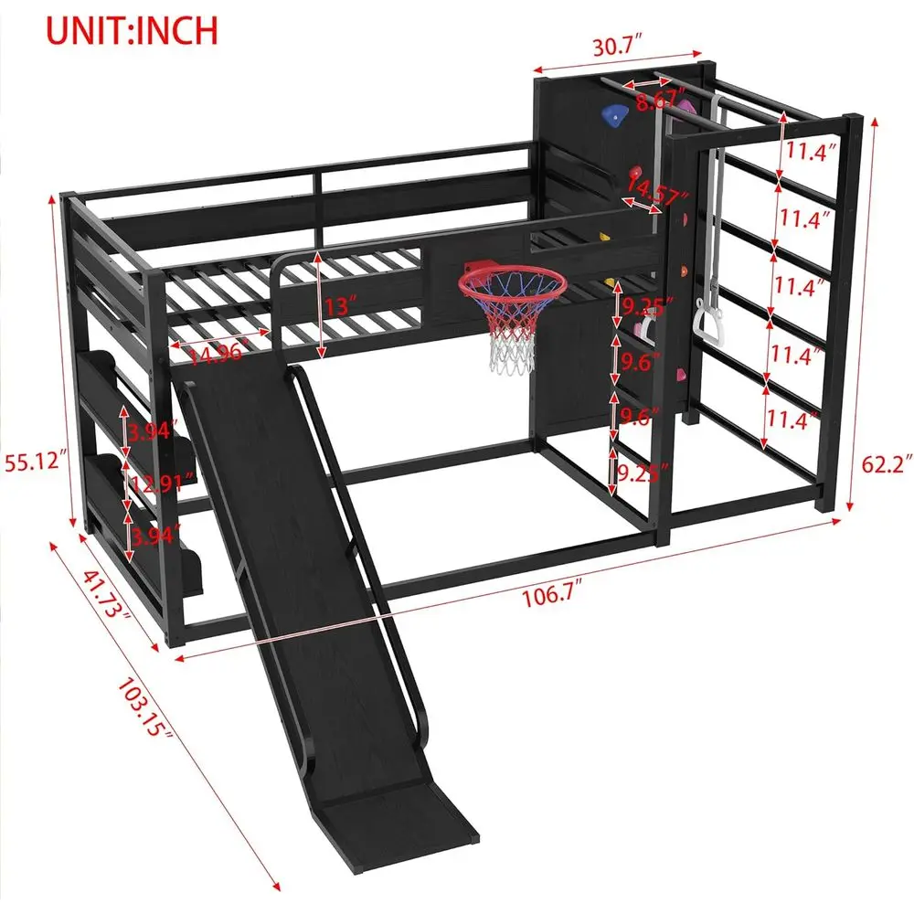 Twin Size Bunk Bed with Basketball Hoop, Pull-up Rings, Climbing Wall, Slide, and Bookcase, Heavy Duty with Guardrail, Black