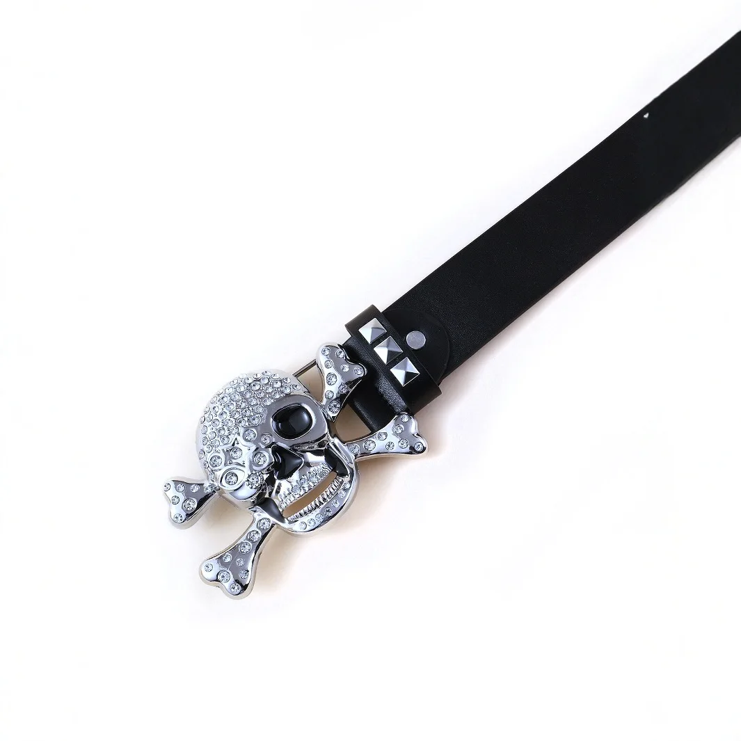 الهيب هوب الشرير Y2k الفضة الجمجمة مشبك حزام للنساء الفتيات الأسود بولي Pin دبوس مشبك حزام القوطي الرجعية الجينز اكسسوارات برشام حزام