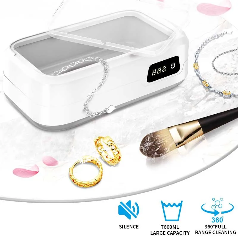 0.6L Large Capacity Ultrasonic Cleaner 49KHz Timing Adjustable 360°Deep Cleaning Machine For Jewelry, Eyeglasses, Rings, Watches