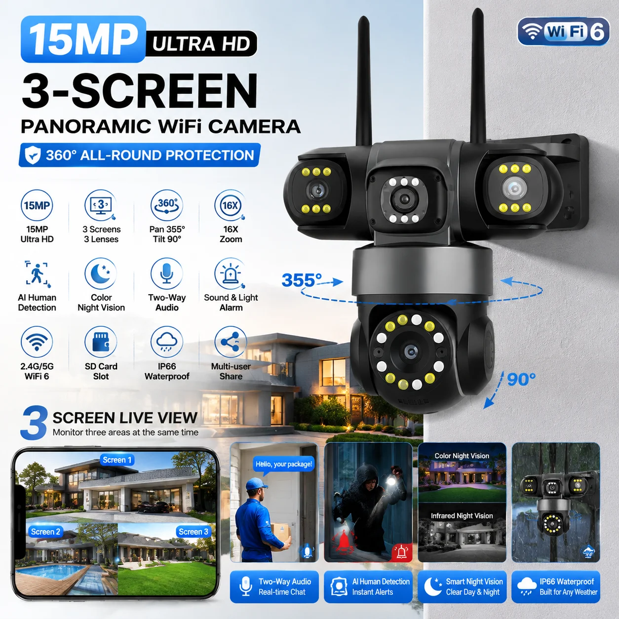 15MP 3 Lens PTZ Security Camera Outdoor Wireless WiFi CCTV Camera 360° View 16X Zoom AI Auto Tracking Night Vision Waterproof
