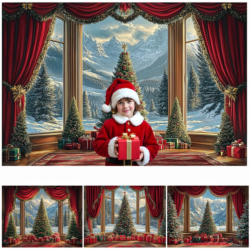 LSPhotography Background Christmas Tree Window Gift Room Decoration Backdrop Family Xmas Holiday Portrait Photo Studio