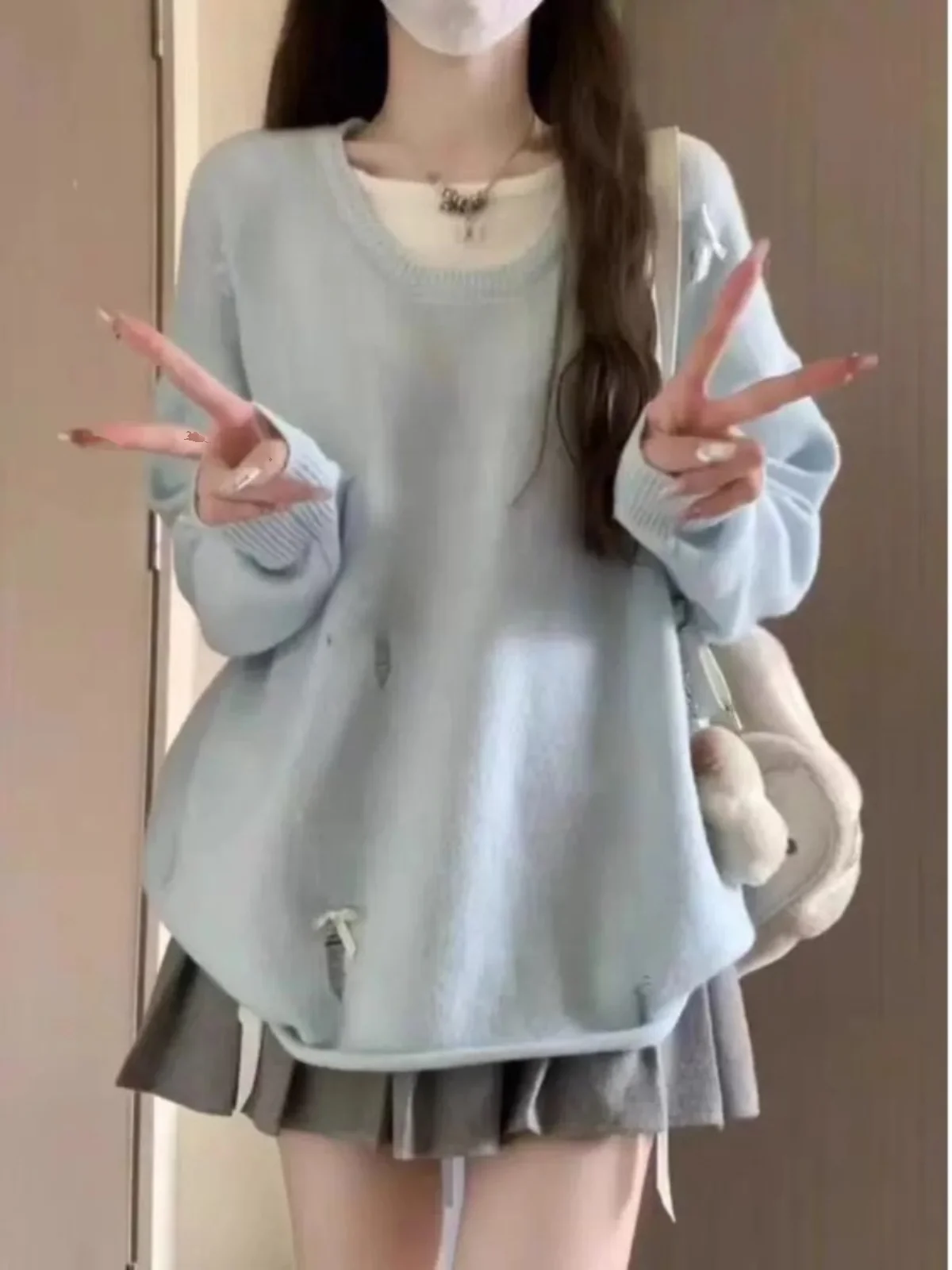 

Sweet Sle Overhead Knitted Sweater Women's Loose Fit Long Sve round Ne Pure Color Knot Design Hole Detail