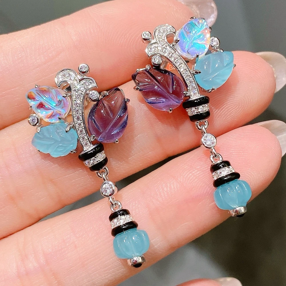 KQDANCE Vintage 925 Silver Engaraved Blue Purple Leaf Fruit Style Drop Dangle Cocktail Earrings Fine Art Jewelry Women New Trend