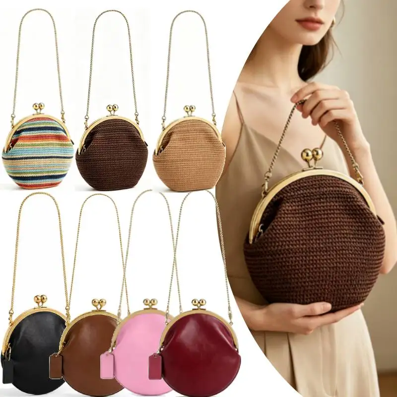 

Women's Kiss Lock Bag PU/Straw Vintage Pouch Medium Top Handle Handbags Kiss Clasp Shoulder Bags Tote Purse Messenger Clutch