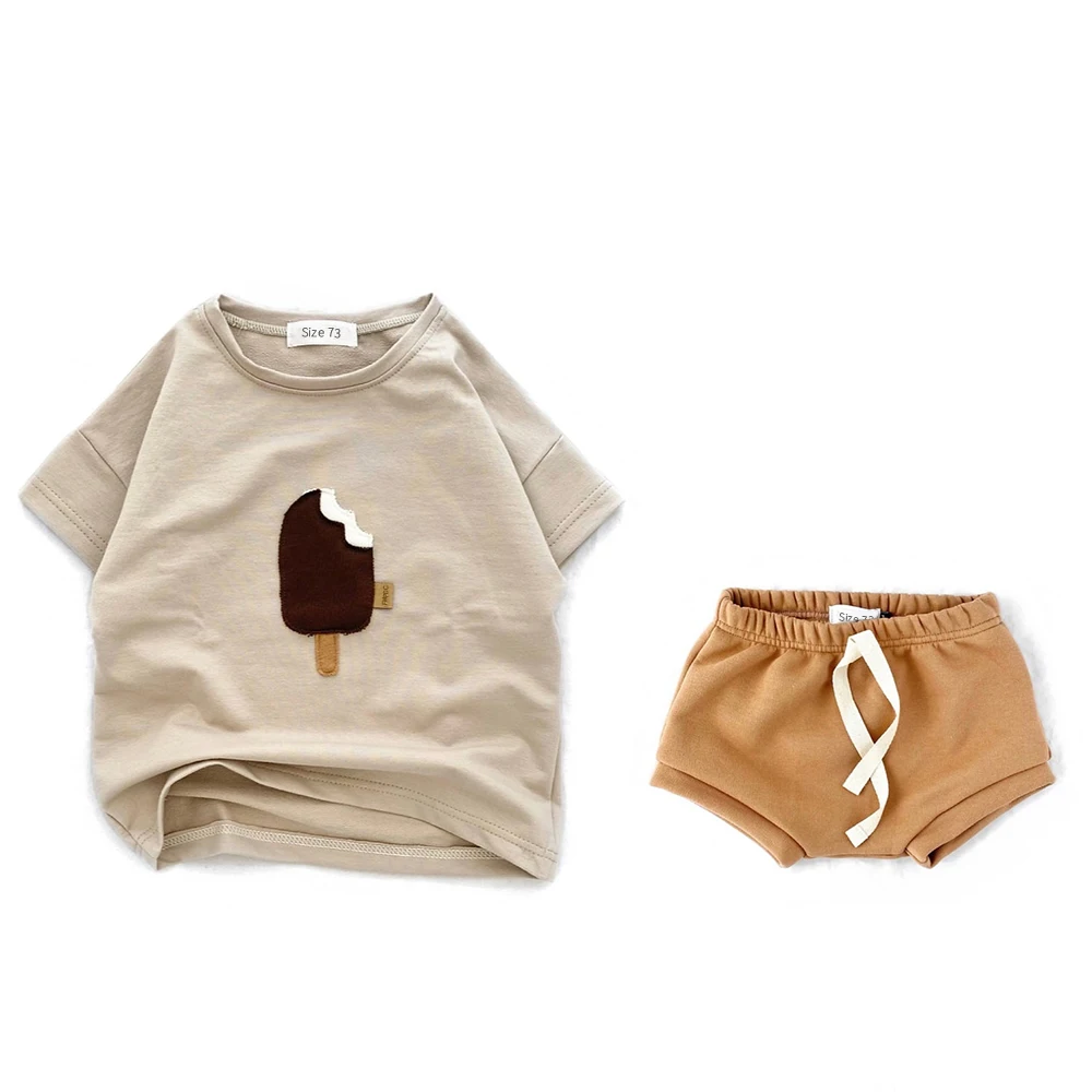Summer Boys Girls Clothing Solid Color Shorts T-shirt Casual Ice Cream Rainbow Pattern Cotton Comfortable 6M-3Y