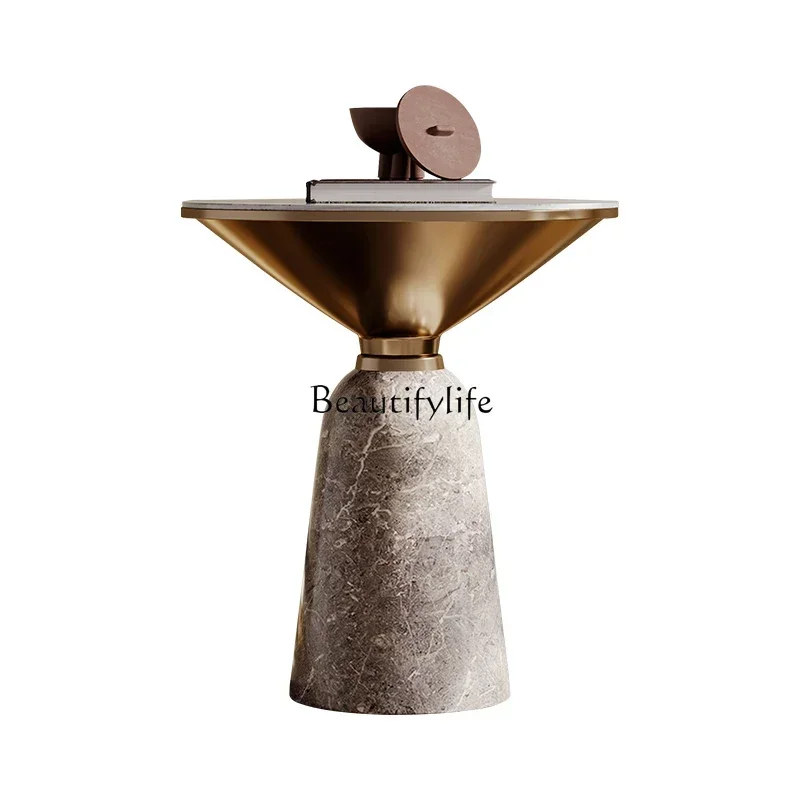

Italian light luxury minimalist rock slab round modern creative round coffee table living room sofa metal edge table