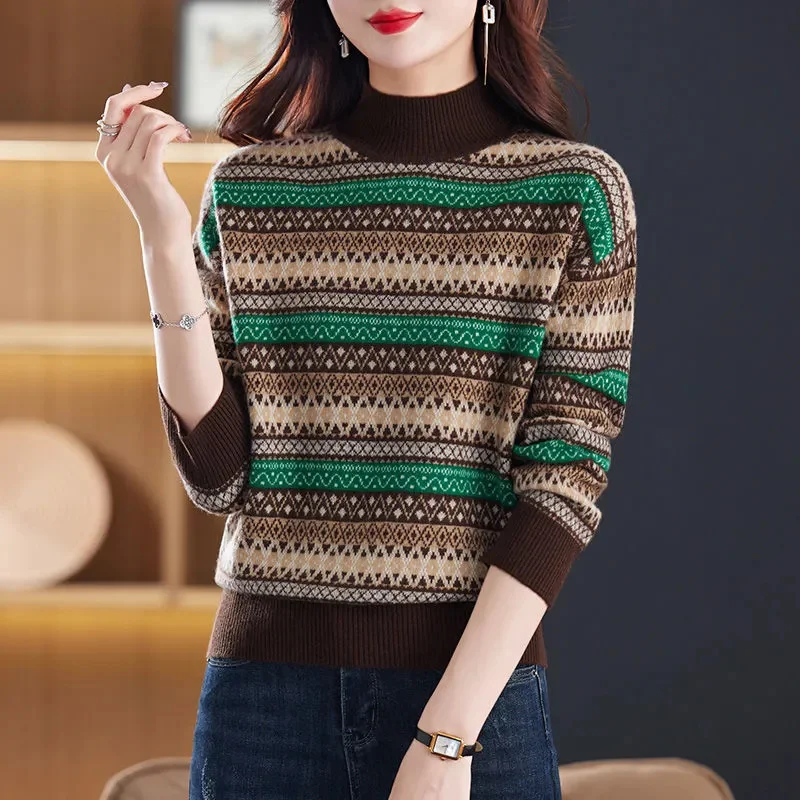 Y2K Spring Autumn Half-High Collar Sweater 2024 New Thicken Women's Clothes Pullover Top Fashion Stripe  Female Knitwear Blouse