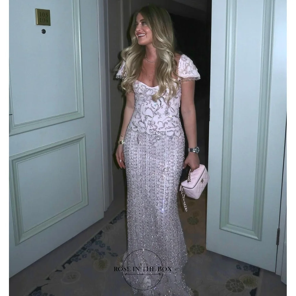ROSEINTHEBOX Customized Long Evening Dresses 2026 Square Neck Short Sleeve فساتين سهرة Prom Dress Beaded Party Gowns