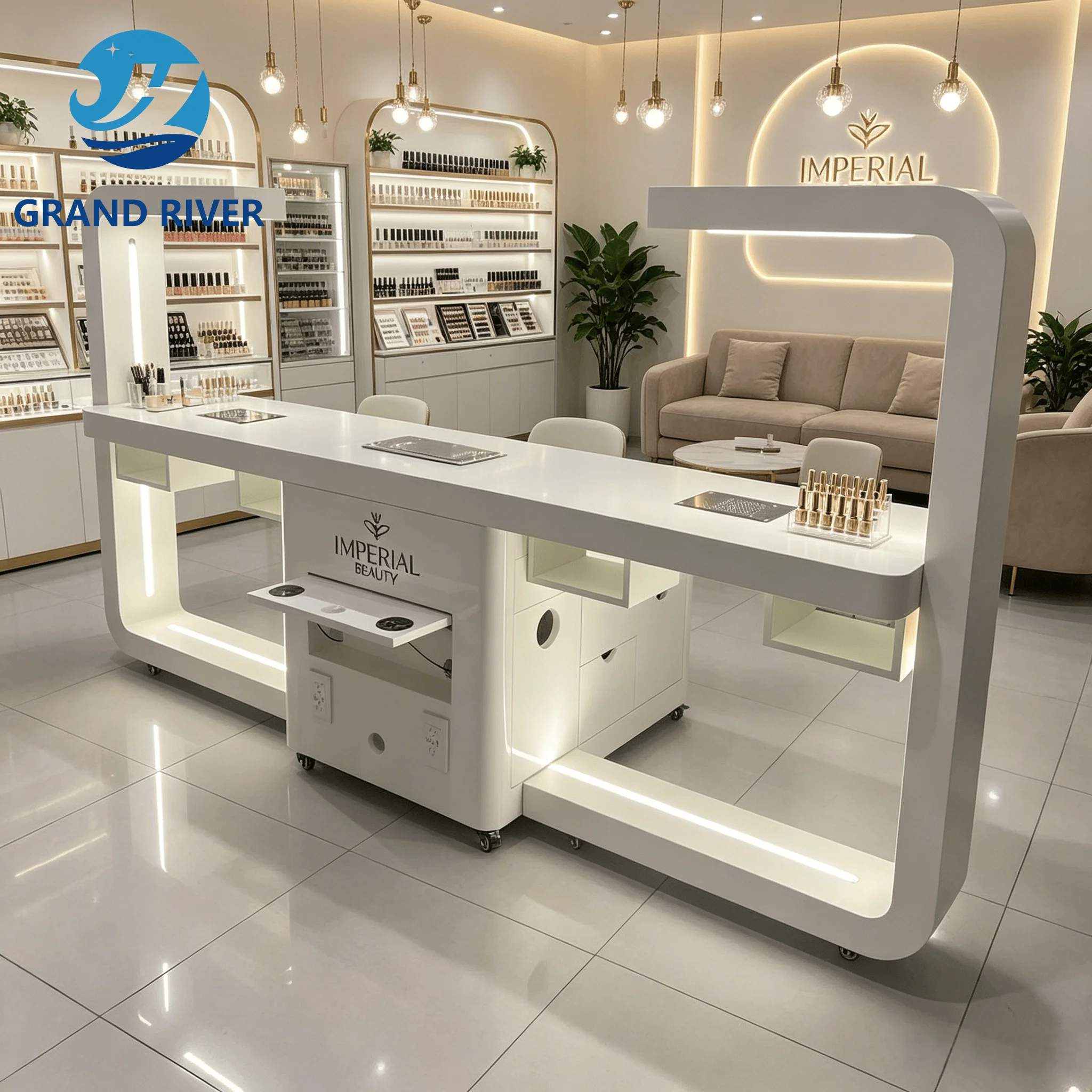 Grandriver Beauty Salon Double Nail Desk Lamp Manicurist Table With Drawers Luxury Manicure Nail Tech Table Nail Station