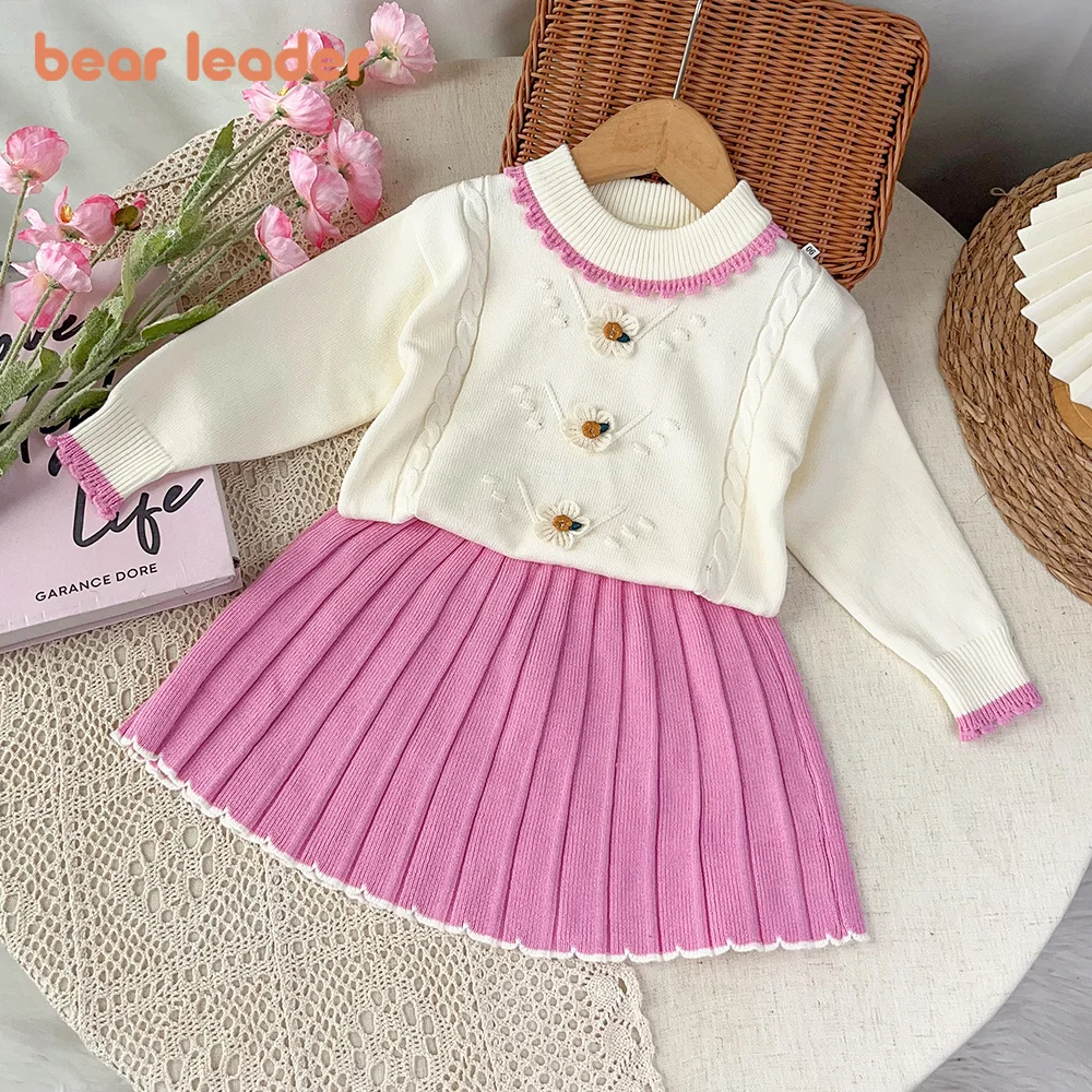 Bear Leader Korean Version 3D Flower Sweater for Girls' Clothing Autumn and Winter New Color Blocked Long Sleeved Sweater+Skirt