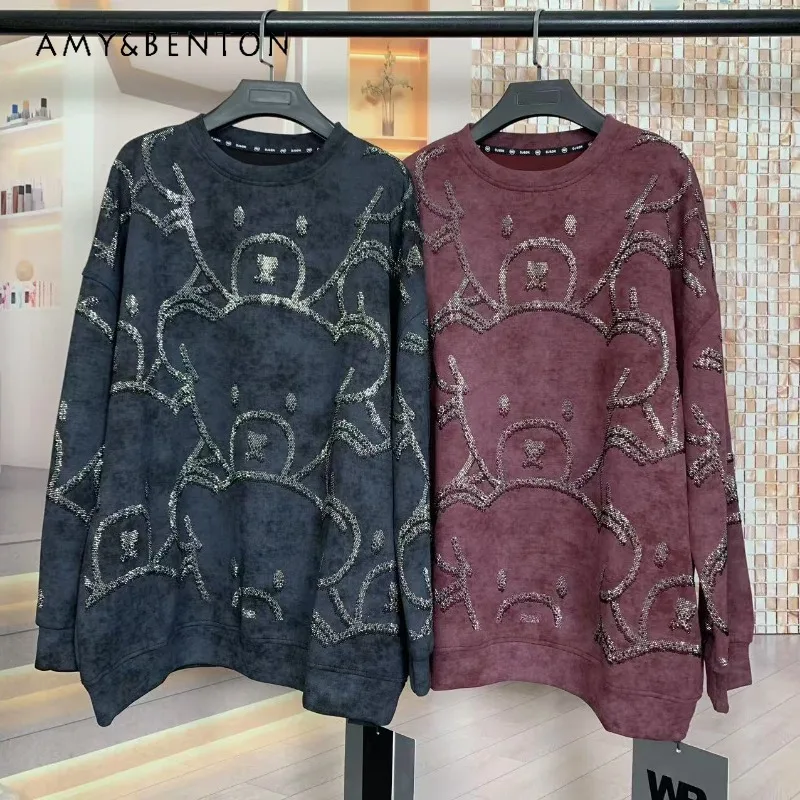 Autumn New Heavy Industry Full Diamond Cartoon Jacket Coat Average Size O-Neck Hoodies Fashion Loose Sweatshirt Top For Ladies